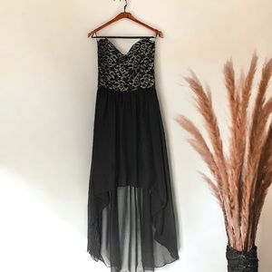 NWT Windsor Sweetheart High Low Black & Gold Chiffon Layer Strapless Dress Sz M